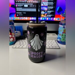 Spooky Season Black Tumbler with Ghost Design